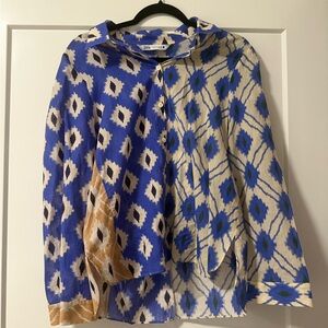 Zara Set Abstract Blue and Cream Top with Matching Skirt